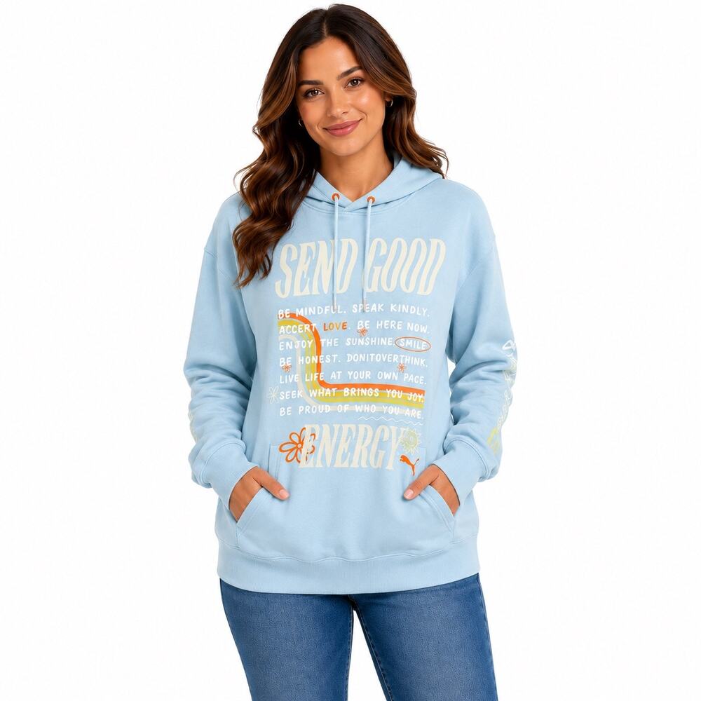 PUMA Women’s XL Send Good Graphic Hoodie Light Blue Pullover Sweatshirt